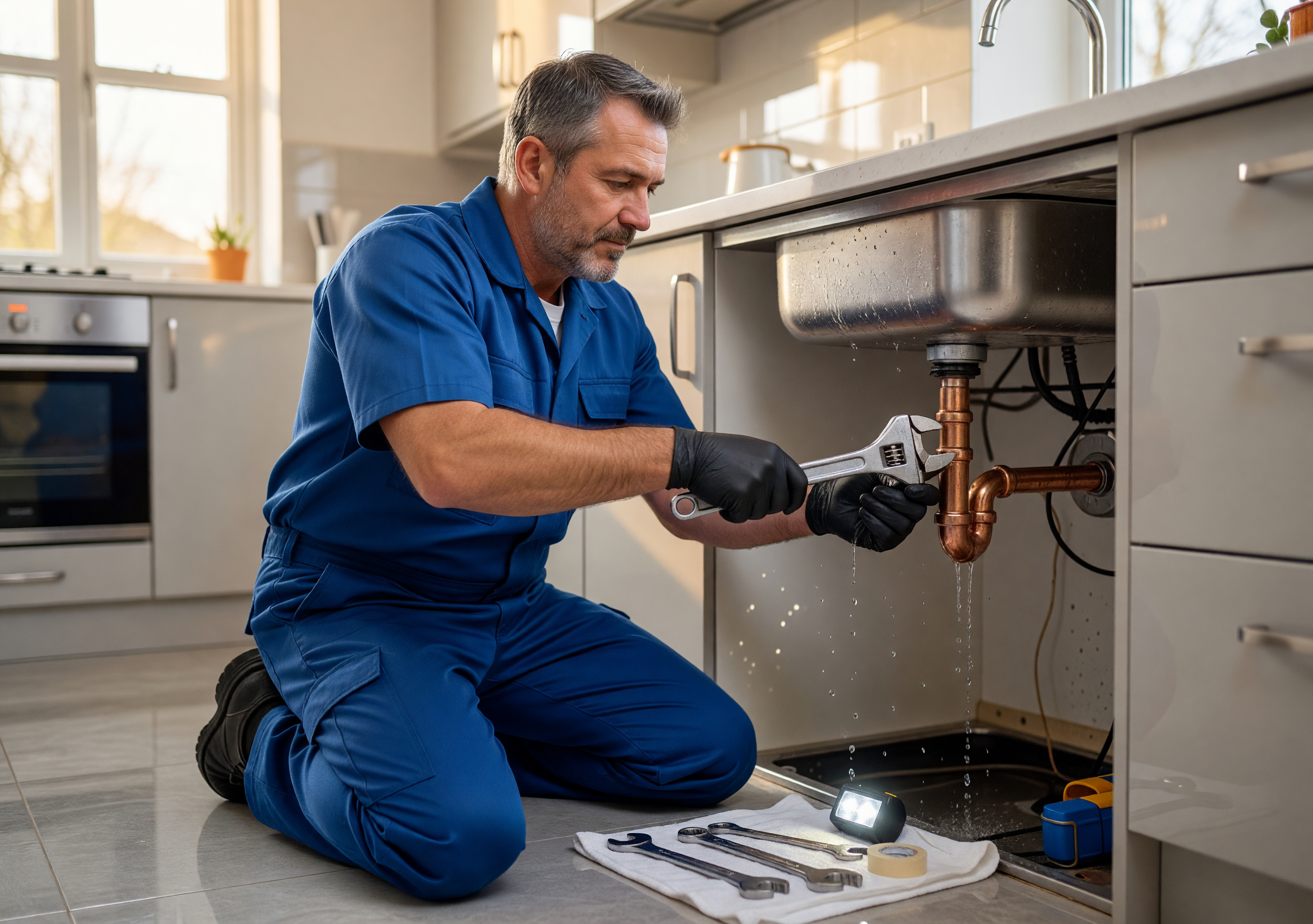 Plumber repairing kitchen sink
