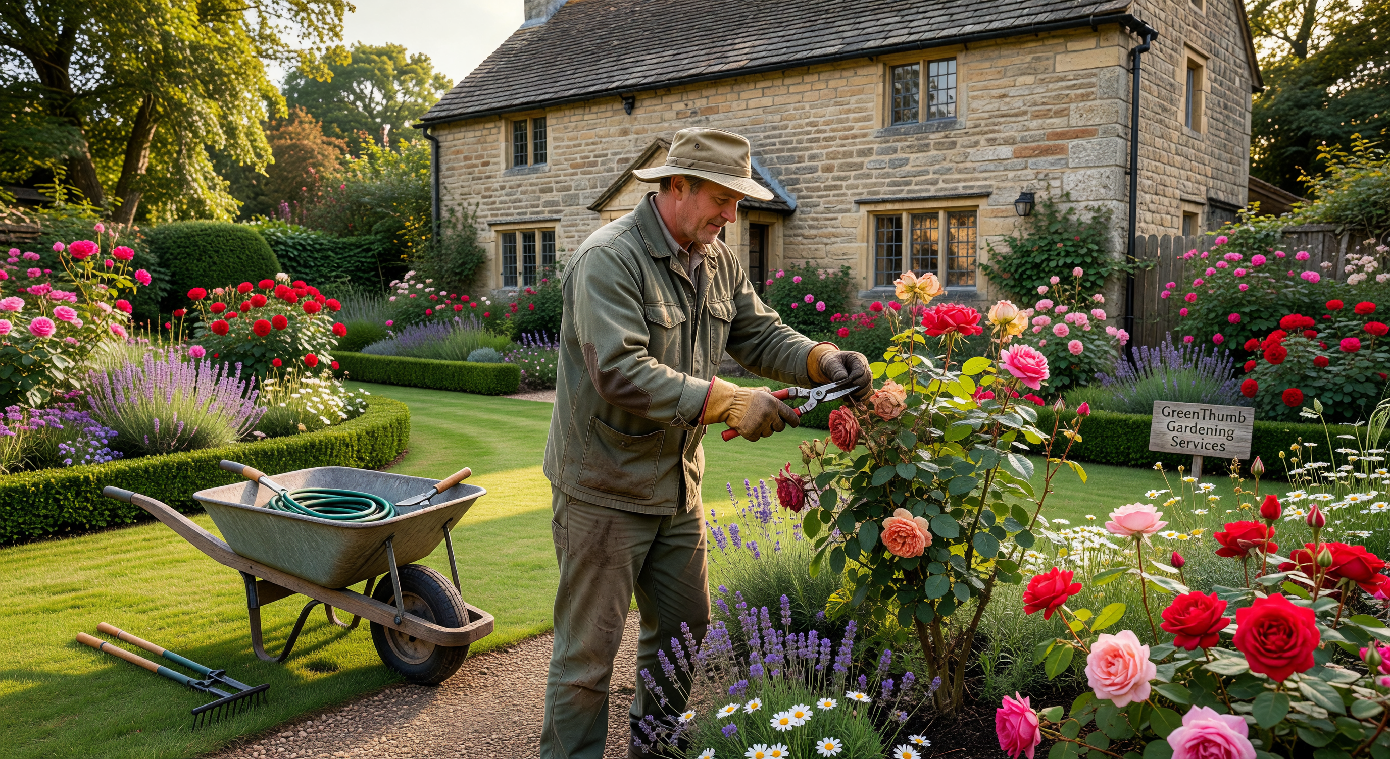 Gardener maintaining UK garden