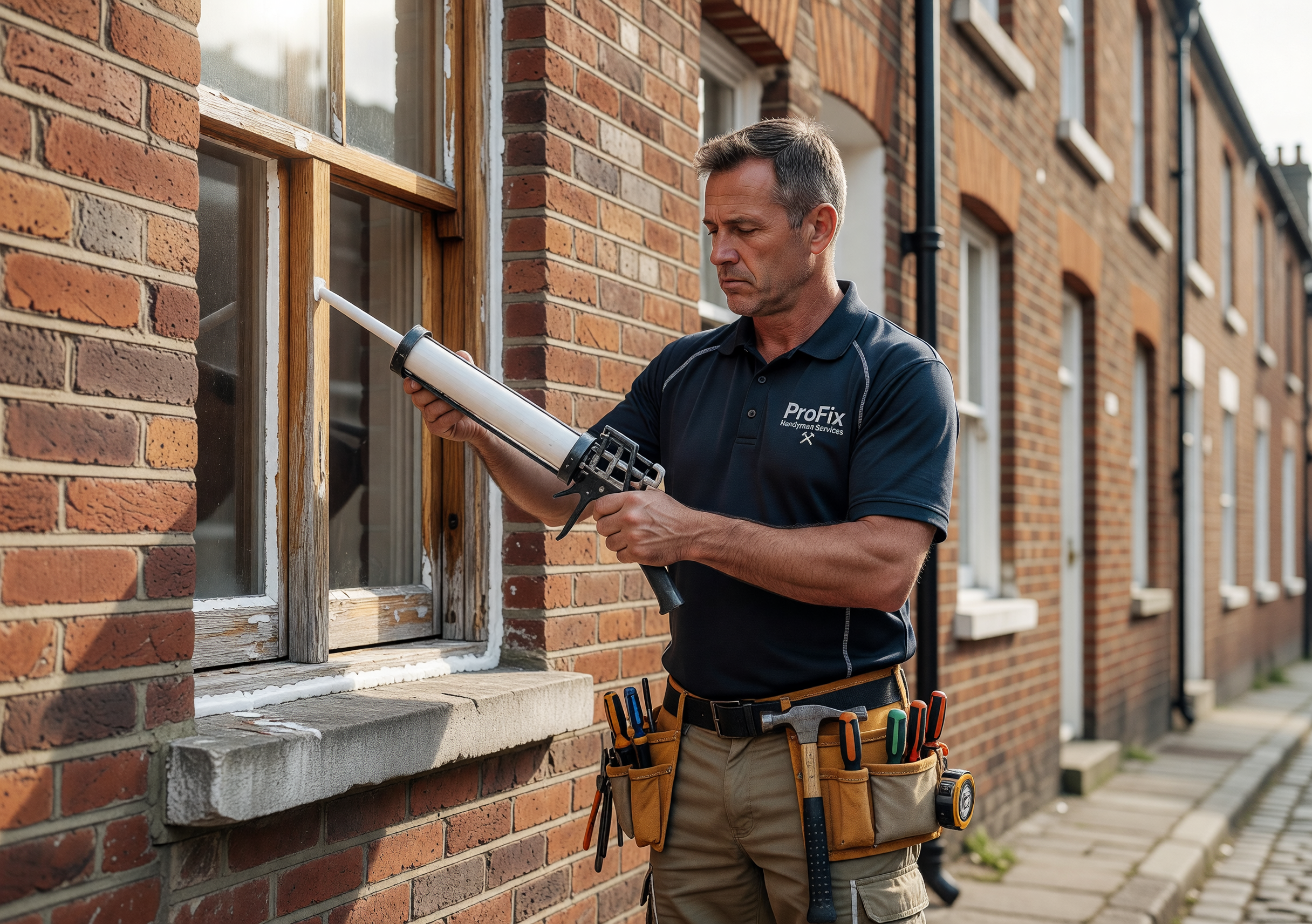 Handyman repairing window frame